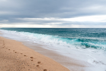 Fototapeta na wymiar Seashore. Footprint in thye sand