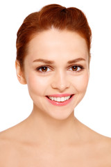 Obraz premium Portrait of young beautiful happy healthy woman with clear make-up