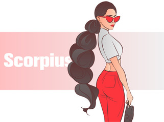 Zodiac sign Scorpius. Beautiful fashion girl with with red lips. Zodiac constellation. Template for banner website.
