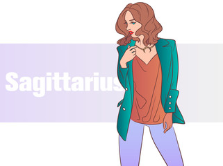 Zodiac sign Sagittarius. Beautiful fashion girl with with curly hair. Zodiac constellation. Template for banner website.