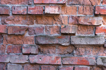 An old red brick wall, with peeling plaster and a covered stone.