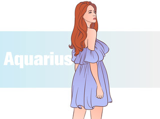 Zodiac sign Aquarius. Beautiful fashion girl with with curly hair. Zodiac constellation. Template for banner website.
