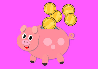 Happy piggy bank with golden coins rolling down isolated on pink background - vector illustration