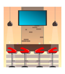 Bar counter with bar stools and a monitor, hanging lamps. Flat style illustration