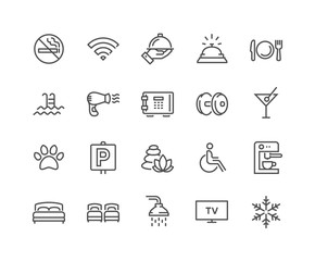 Simple Set of Hotel Related Vector Line Icons. Contains such Icons as One Large and Two Separate Beds, Air Conditioning, Wi-Fi and more. Editable Stroke. 48x48 Pixel Perfect. - obrazy, fototapety, plakaty