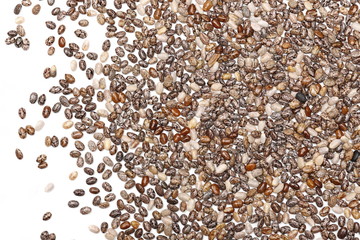 Chia seeds macro isolated on white background, top view