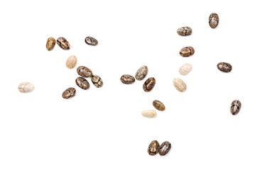 Chia seeds macro isolated on white background, top view