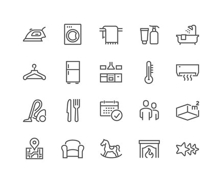 Simple Set of Hotel Related Vector Line Icons. Contains such Icons as Available Date Calendar, Toiletries, Room Size and more. Editable Stroke. 48x48 Pixel Perfect.