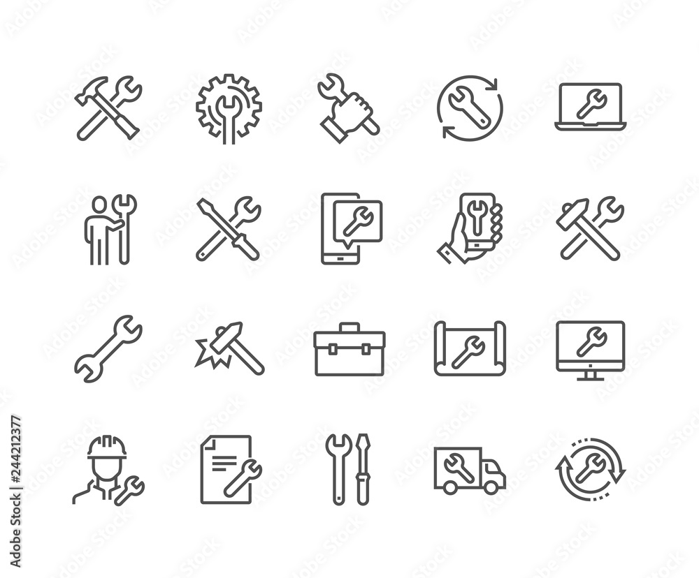 Wall mural simple set of repair related vector line icons. contains such icons as screwdriver, engineer, tech s