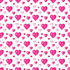 Watercolor hearts seamless background. Pink watercolor heart pattern. Colorful watercolor romantic texture.