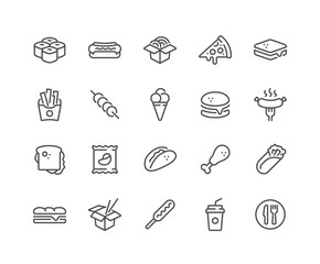 Simple Set of Fast Food Related Vector Line Icons. Contains such Icons as Pizza, Tacos, Chips and more. Editable Stroke. 48x48 Pixel Perfect.