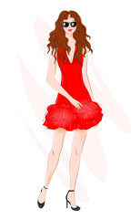 Hand drawn beautiful young woman with curly hair. Fashion woman. Stylish cute girl in sunglasses. Sketch. Fashion illustration.  Girl in red coctail dress.