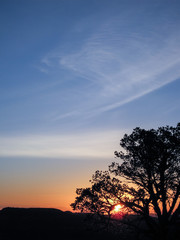Sunrise silhouettes the trees, the mountains, and the clouds.  