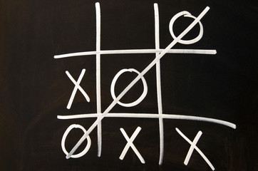 Strategic Tic-tac-toe winning on a blackboard with white chalk or noughts and crosses game or Xs and Os. The concept of a business idea. Strategy. Leadership. Win