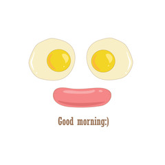 Eggs and sausage cute breakfast for good morning. Food vector design elements. Simple card or poster.