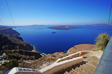 Panoramic view of the Caldera with cruise ship in Santorini