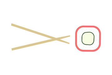 Tuna sushi with chopsticks isolated on white background. Roll with fish and cheese in trend flat style. Template of logo for bar or restaurant. Japanese or chinese traditional sea food. Vector icon