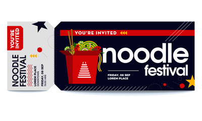 Chinese Take away Fast Food Noodle in Oriental Box Container Vector Illustration. Noodles Party Vector Tickets Template. You are Invited Ticket for entrance to the party. Modern elegant template.