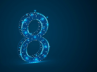 number eight low poly abstract illustration consisting of points, lines, and shapes in the form of planets, stars and the universe. Raster digit 8 wireframe concept.