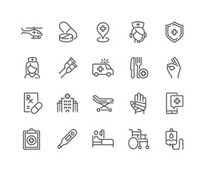 Simple Set of Medical Assistance Related Vector Line Icons. Contains such Icons as Wheelchair, Special Diet, Hospital Locator and more. Editable Stroke. 48x48 Pixel Perfect. © davooda.com