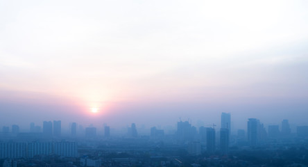 Pollution concepts with smog on city landscape in morning. health care and protection background...