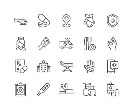 Simple Set Of Medical Assistance Related Vector Line Icons. Contains Such Icons As Wheelchair, Special Diet, Hospital Locator And More. Editable Stroke. 48x48 Pixel Perfect.