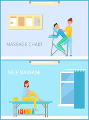 Massage Chair and Self Massaging Woman Set Vector