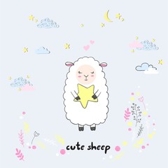 Naklejka premium Vector cute cartoon walking sleeping sheep with clouds,stars, heart, hand drawn imitation, drawn with a tablet, fairytale, isolated