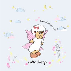 Vector cute cartoon walking sleeping sheep with clouds,stars, heart, hand drawn imitation, drawn with a tablet, fairytale, isolated