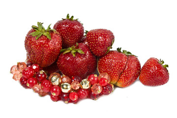 strawberry, ripe berries and bright red beads
