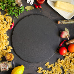 pasta, farfalle, italian food (pasta and ingredient for sauce). top food background. copy space