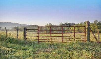 "At Dawn's Gate" surrealistic artistic fantasy augmented reality red farm gate and farmers pasture at dawn with rainbow sky  ZDS Americana Landscapes Collection