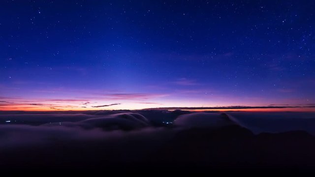 Night Scene Mist Floating Over Mountains Of Doi Luang Chiang Dao Landmark Nature Travel Place Of Chiang Mai, Thailand 4K Time Lapse (zoom out)