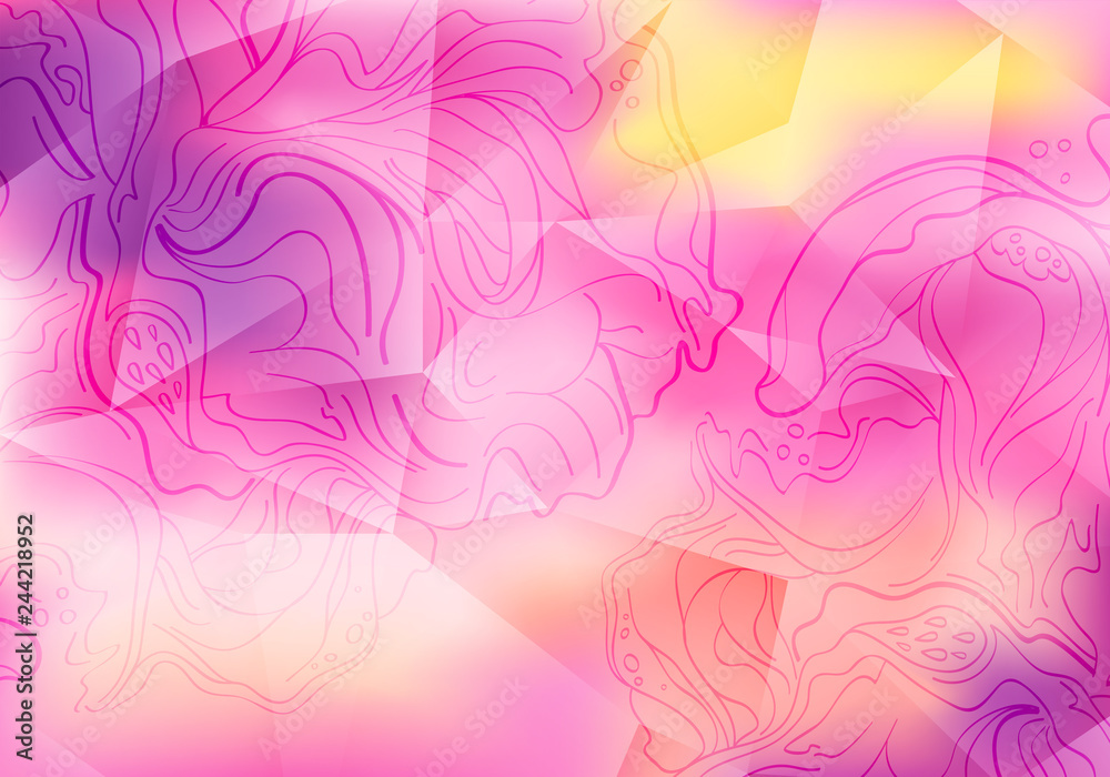 Poster gentle background with flowers and triangles. pink and yellow vector pattern