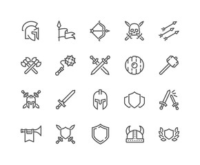 Simple Set of Archaic War Related Vector Line Icons. Contains such Icons as Helmet, Sword, Shield and more. Editable Stroke. 48x48 Pixel Perfect.