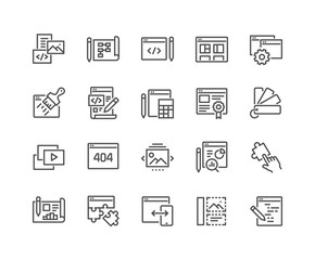 Simple Set of Web Development Related Vector Line Icons. Contains such Icons as Content, Image Gallery, Layout Settings and more. Editable Stroke. 48x48 Pixel Perfect.