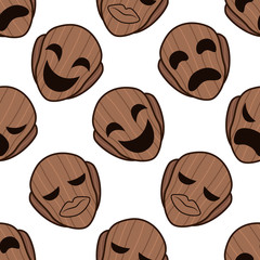 Seamless Pattern of Ethnics Wooden Mask statue facial expression, sad, mad, happy, flat Cartoon Vector