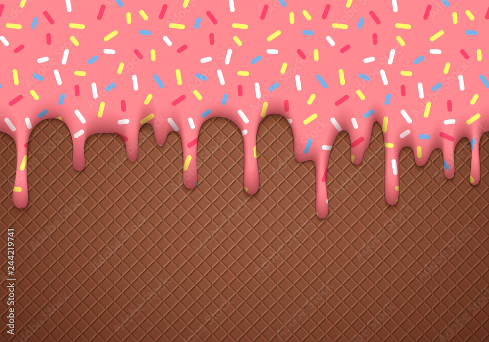 Poster ice cream cone vector illustration with dripping pink glaze and chocolate wafer texture. abstract fo