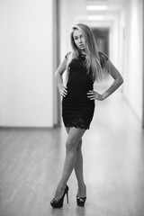 Beautiful blond girl posing for photo in the home