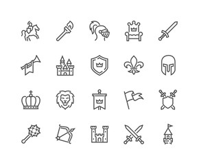 Simple Set of Medieval Related Vector Line Icons. Contains such Icons as Knight, Castle, Crown and more. Editable Stroke. 48x48 Pixel Perfect.