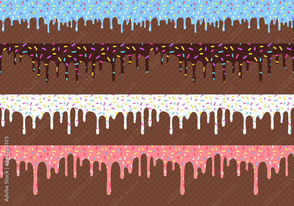 Aufkleber flowing glaze with sprinkles on wafer background. vector seamless borders design
