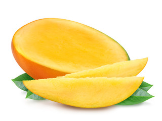 Juicy fresh mango slices and leaves isolated on a white background. Ripe tropical fruit with antioxidant effect. Design element, product label, catalog print, web use.