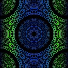 Mandala Seamless Floral Pattern. Design For Square Fashion Print. Vector Illustration. Blue, green color