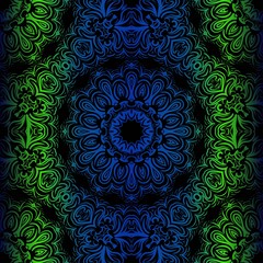 Mandala Seamless Floral Pattern. Design For Square Fashion Print. Vector Illustration. Blue, green color