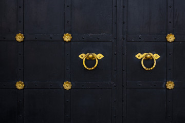 old iron gate black color and the door knocker with a gold ring and decorative flowers. Details close up