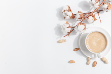A branch of cotton and a cup of coffee with milk on a light background. Top view. Copy space.