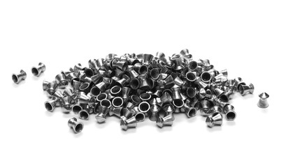 Lead pellets for air rifle isolated on white background and texture