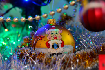 Fototapeta na wymiar Close-up of Christmas decorations and toys with the image of a pig with a soft blurred background. Figure pig is the symbol of the New Year 2019