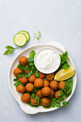 Fresh Falafel with Yogurt Sauce on Plate, Vegetarian Meal