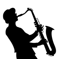 Saxophone player silhouette on white background © radovlad